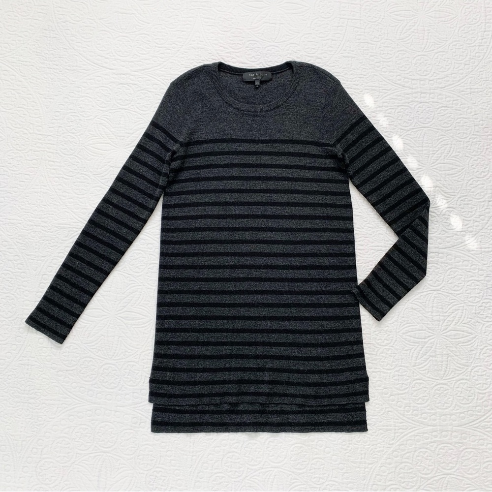 rag & bone Merino Wool Tunic Mini Sweater Dress Charcoal Black Striped XS
